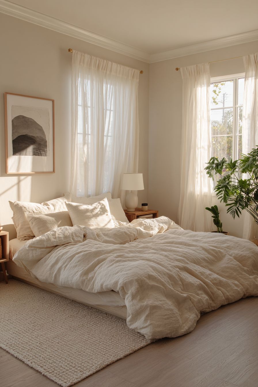 Calm, sun-washed bedroom with soft white linens and sheer curtains after cleaning