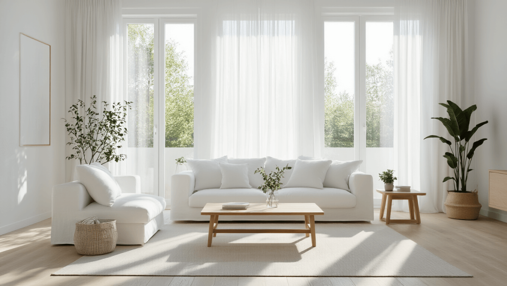 Bright, serene living room with white sofas, sheer curtains, and sunlight streaming across light wood floors