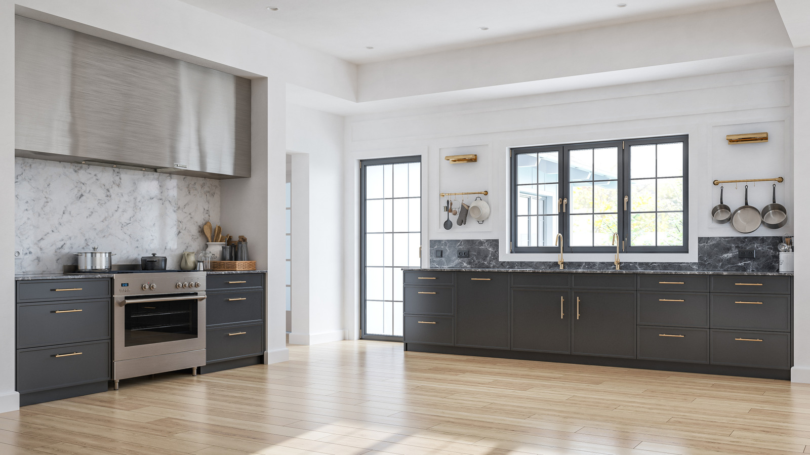 Spotless, sunlit kitchen with marble surfaces and gleaming counters after a deep clean