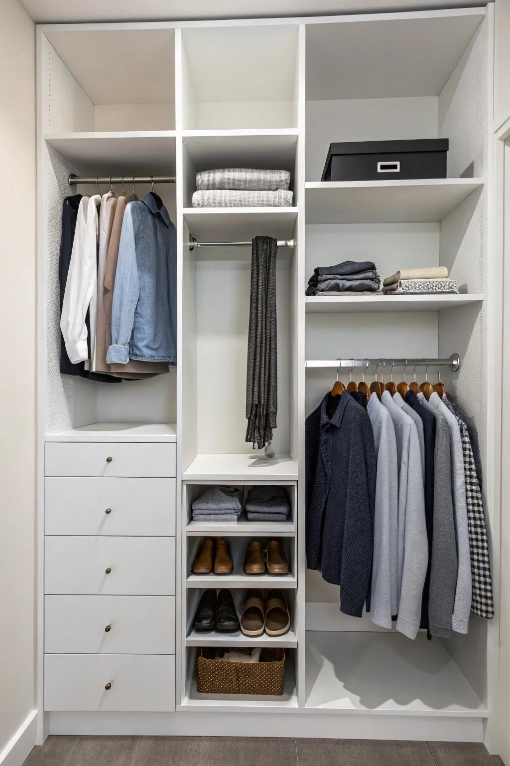 Beautifully organized closet with neatly hung clothes, folded linens, and tidy shelves